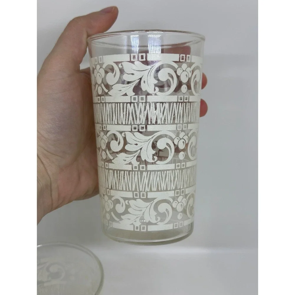 VTG Anchor Hocking White Mist Glass Tumblers | Set of 3, Floral & Scroll Pattern